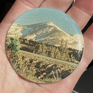 HUGE studio button of a mountain and landscape by Shirley Burgess.