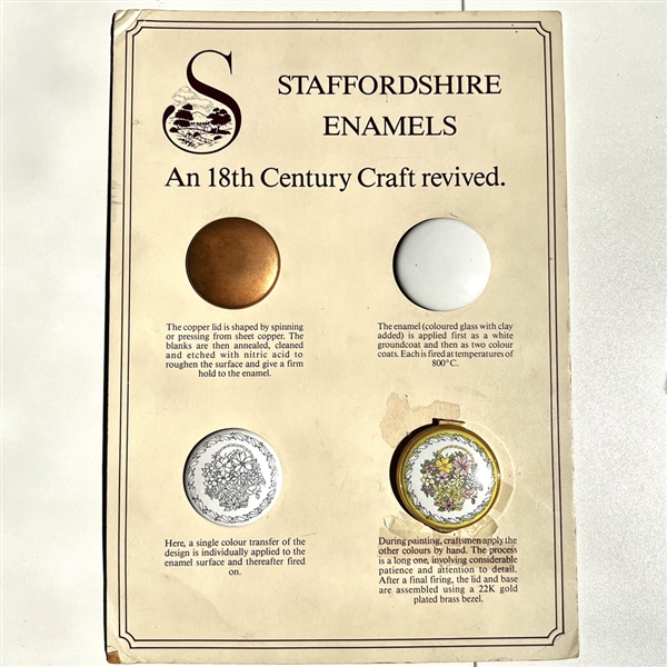Card from Staffordshire Enamels with samples showing how 18th enamels were made.