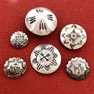 Six modern Native American silver buttons with assorted images.