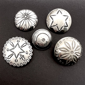 Five modern Native American silver buttons with assorted images.