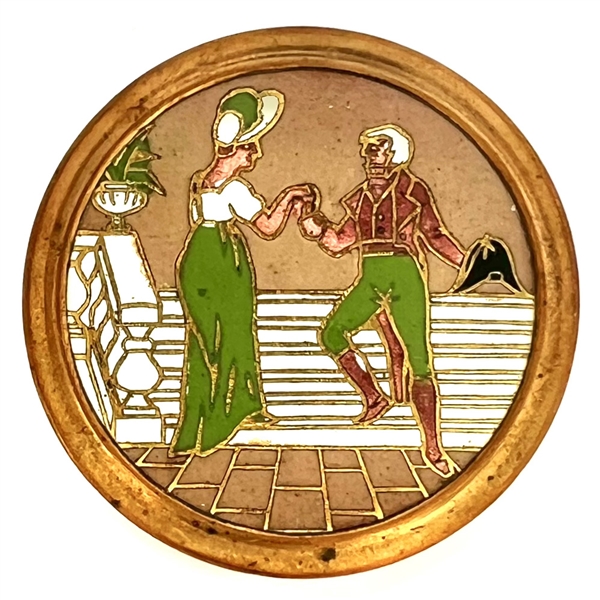 Champlevé enamel button of woman and man from the opera “Madame Sans Gene."
