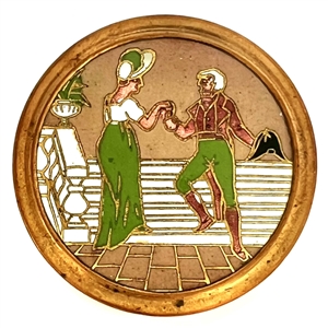 Champlevé enamel button of woman and man from the opera “Madame Sans Gene."