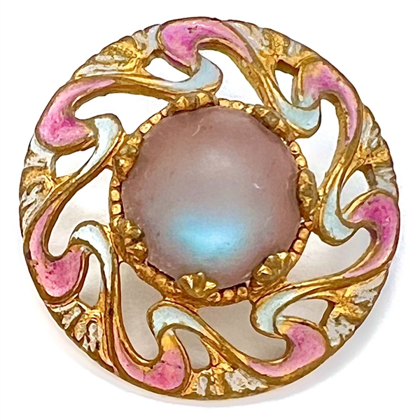 Art Nouveau button of saphiret glass set in painted metal.