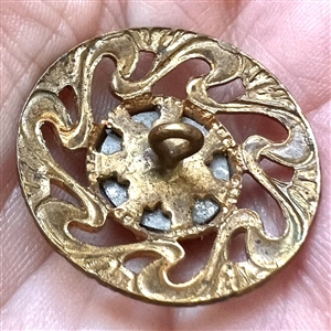Art Nouveau button of saphiret glass set in painted metal.