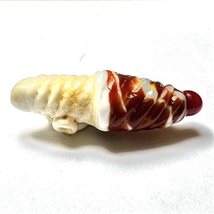 Mary Gaumond's torch-worked glass studio button of a twist ice cream cone held by a hand.