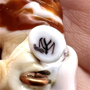 Mary Gaumond's torch-worked glass studio button of a twist ice cream cone held by a hand.