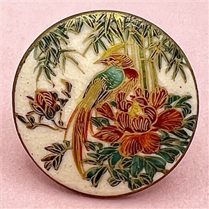 Japanese Satsuma button of a golden pheasant in foliage. 