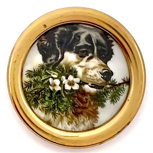 Adorable Rottweiler bringing flowers button.