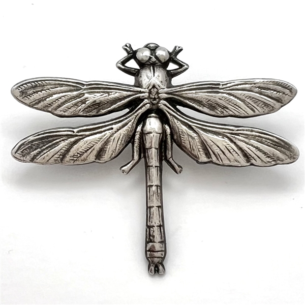 French white metal button of a realistic dragonfly.