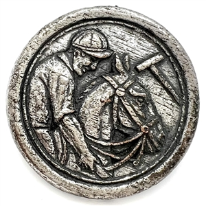 HUGE metalized Burwood button of a jockey and horse.