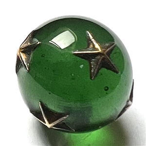 RARE green glass ball button with impression inlay metal stars.