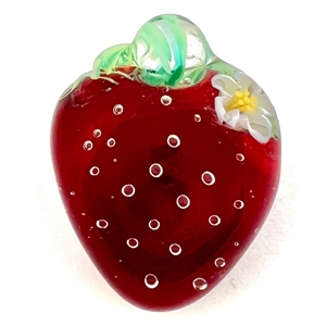 Mary Gaumonds torch-worked glass studio button of a realistic strawberry.