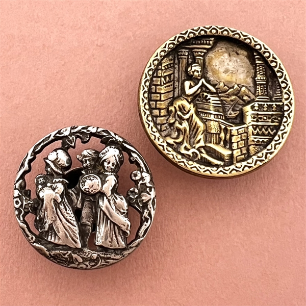 Two items - a brass button of girl on castle terrace and a Kate Greenaway stud.