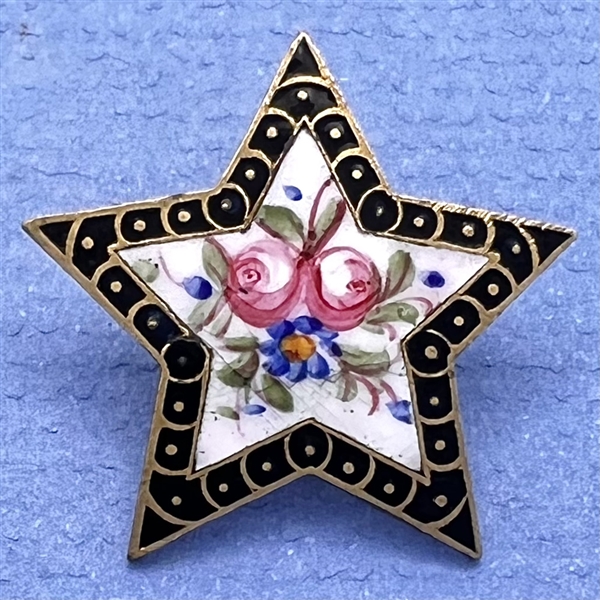 French painted enamel button of roses in star shape with champlevé border.