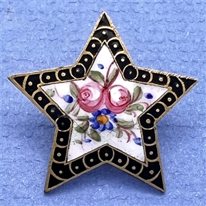 French painted enamel button of roses in star shape with champlevé border.