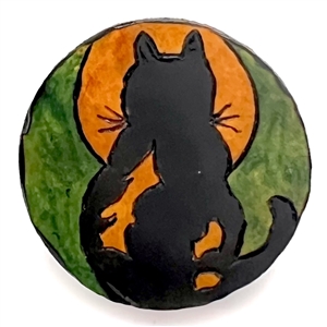 Wood show favor studio button from WSBS 2012 of cat sitting in front of the moon.