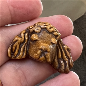 Acrylic shot button of a realistic poodle head.