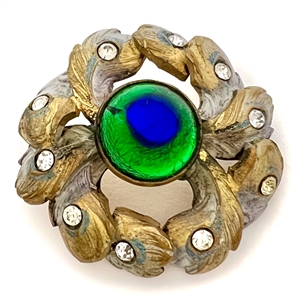 Stunning peacock eye button with border of peacock feathers and pastes.