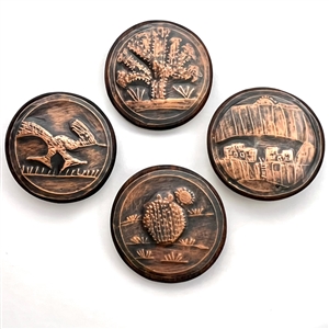 Five iron wood and copper studio buttons by Ralph Briggs.