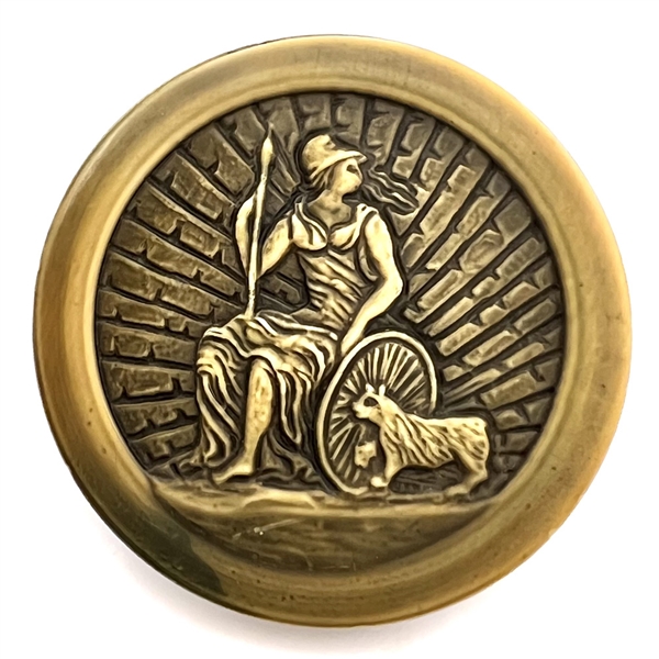HUGE celluloid button of warrior goddess (?) with spear, shield and animal.
