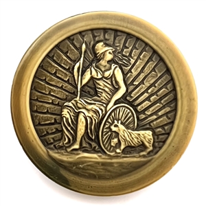 HUGE celluloid button of warrior goddess (?) with spear, shield and animal.