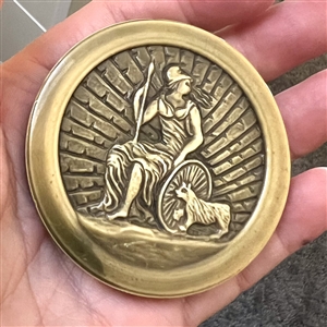 HUGE celluloid button of warrior goddess (?) with spear, shield and animal.