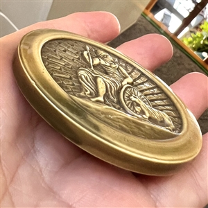HUGE celluloid button of warrior goddess (?) with spear, shield and animal.