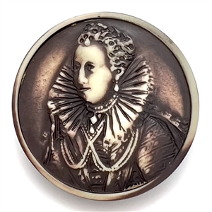 Vintage casein button of Mary Queen of Scots (?).