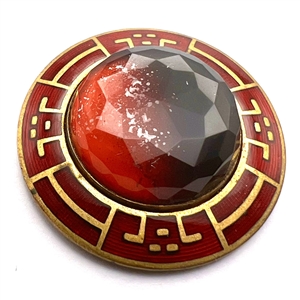 Ombre black/red faceted glass in metal with enamel border.