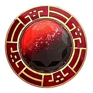 Ombre black/red faceted glass in metal with enamel border.