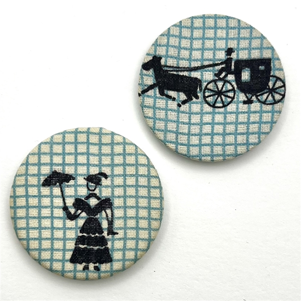 Two 1940s fabric studio buttons by Henrietta Harding from Maine.