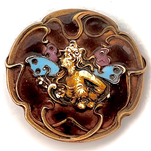 UNUSUAL Art Nouveau enamel button of a fairy.