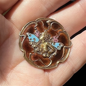 UNUSUAL Art Nouveau enamel button of a fairy.