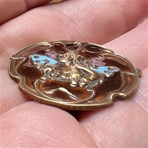UNUSUAL Art Nouveau enamel button of a fairy.