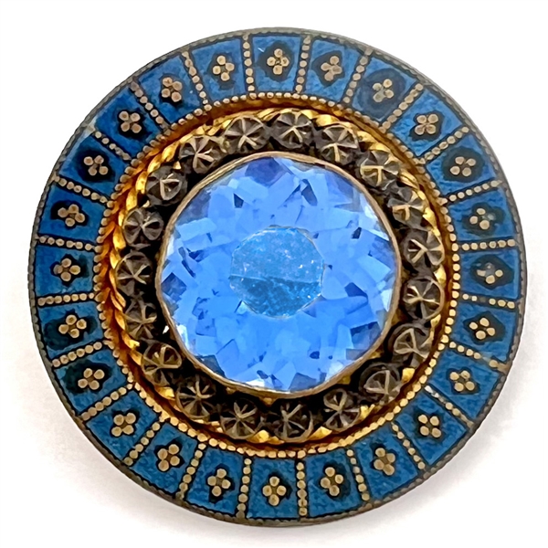 A 19th c. Jeweled button with silvered and gilded brass and enamel border.