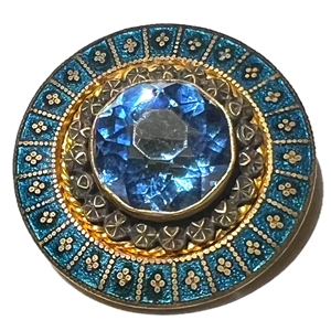 A 19th c. Jeweled button with silvered and gilded brass and enamel border.