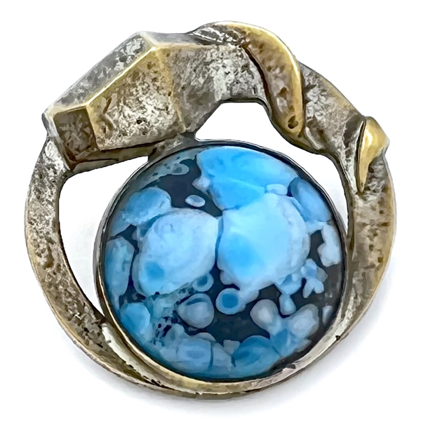 Art Deco snake button of silvered brass with glass.