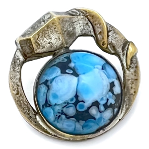 Art Deco snake button of silvered brass with glass.