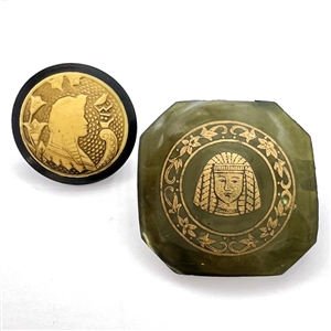 Two Vintage celluloid buttons with Egyptian theme.