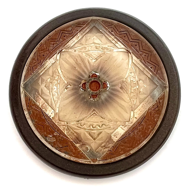 Bohemian pressed glass reverse painted with background reflection showing through.