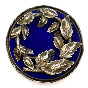 GORGEOUS cobalt enamel button with sculptural metal wreath.