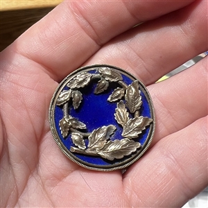 GORGEOUS cobalt enamel button with sculptural metal wreath.