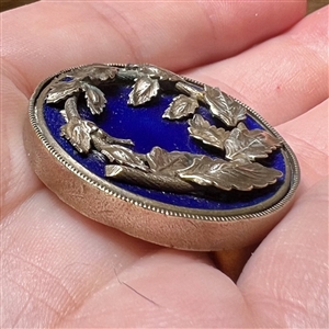 GORGEOUS cobalt enamel button with sculptural metal wreath.
