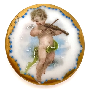 Painted porcelain button of a cherub playing a violin. 