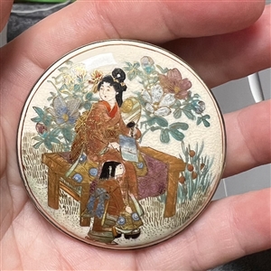 HUGE Satsuma buckle set in gilded silver (?) of a Japanese woman and child in garden.