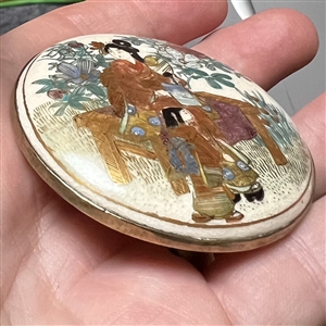HUGE Satsuma buckle set in gilded silver (?) of a Japanese woman and child in garden.