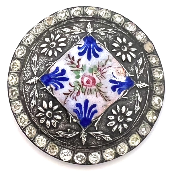 White metal button with flowers, enamel plaquette and paste border.