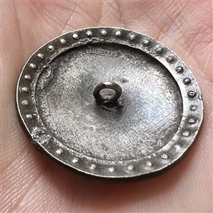 White metal button with flowers, enamel plaquette and paste border.