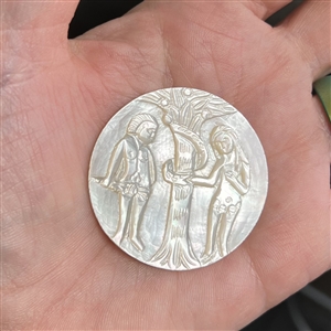 Bethlehem pearl button of Adam & Eve and serpent.