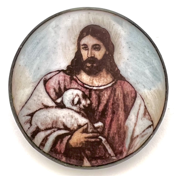 Motiwala enamel button of Jesus holding a lamb.